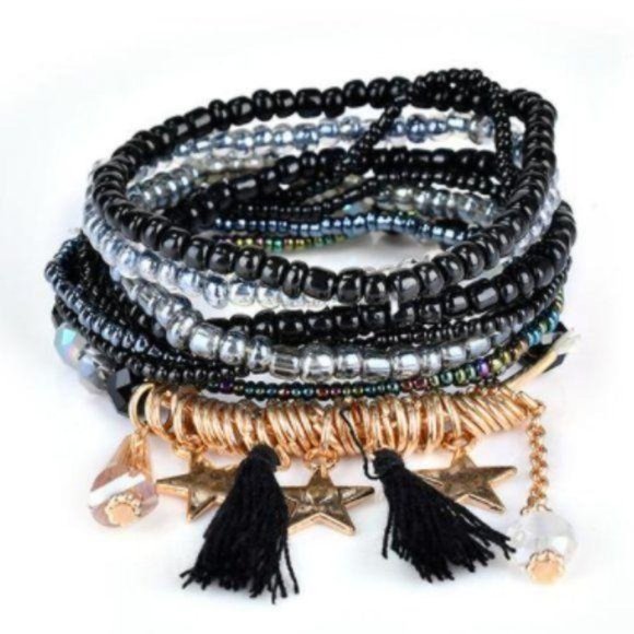 None Jewelry - Multi Strand Beaded Stacking Bracelets Layering Boho Black NWT